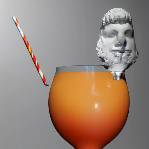 Image similar to close - up of a 3 d white marble human head holding a coctail, colorful coctail, digital illustration, 3 d render, above the waist