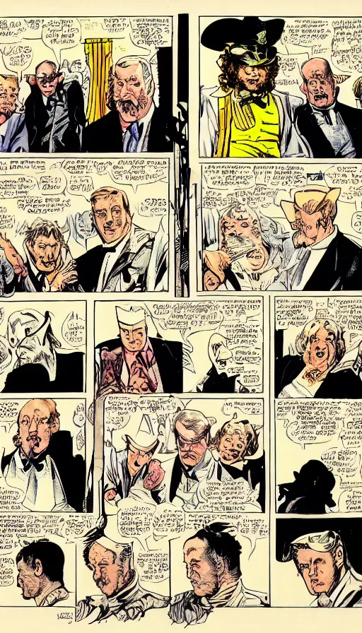 Image similar to 6 panel comic by brian bolland, john singer sargent, trad moore, darick robertson, turner