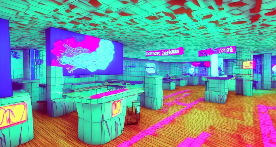 Image similar to 80s vaporwave outrun 3d Render of deep sea mcdonalds, liminal space retro, grainy, noisy