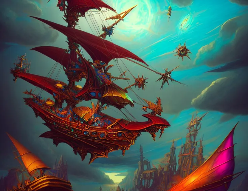 Prompt: the flying spelljammer galleon soars through the planes, amazing d & d planescape style art, trending on artstation, colorful, intricate, art by kev chan, fantasypunk, deep colors, cgsociety