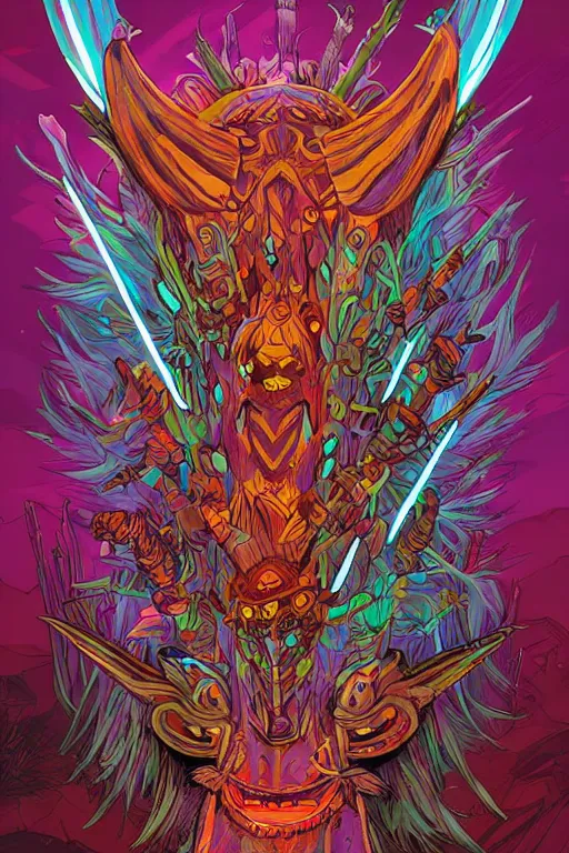 Image similar to totem animal tribal chaman vodoo mask feather gemstone plant wood rock video game illustration vivid color borderlands by josan gonzales and dan mumford radiating a glowing aura