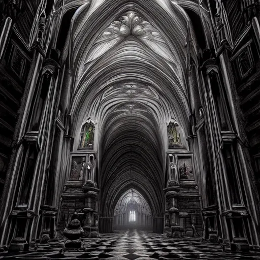 Prompt: Photorealistic Ghostly Dark Hunted Cathedral in the style of Michael Whelan and Gustave Dore. Hyperdetailed photorealism, 108 megapixels, amazing depth, glowing rich colors, powerful imagery, psychedelic Overtones, 3D finalrender, 3d shading, cinematic lighting, artstation concept art