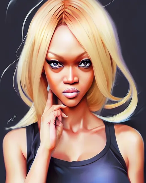 Image similar to portrait of Tyra Banks as Anime girl cute-fine-face, blonde hair, full body! pretty face, realistic shaded Perfect face, fine details. Anime. realistic shaded lighting by Ilya Kuvshinov Giuseppe Dangelico Pino and Michael Garmash and Rob Rey