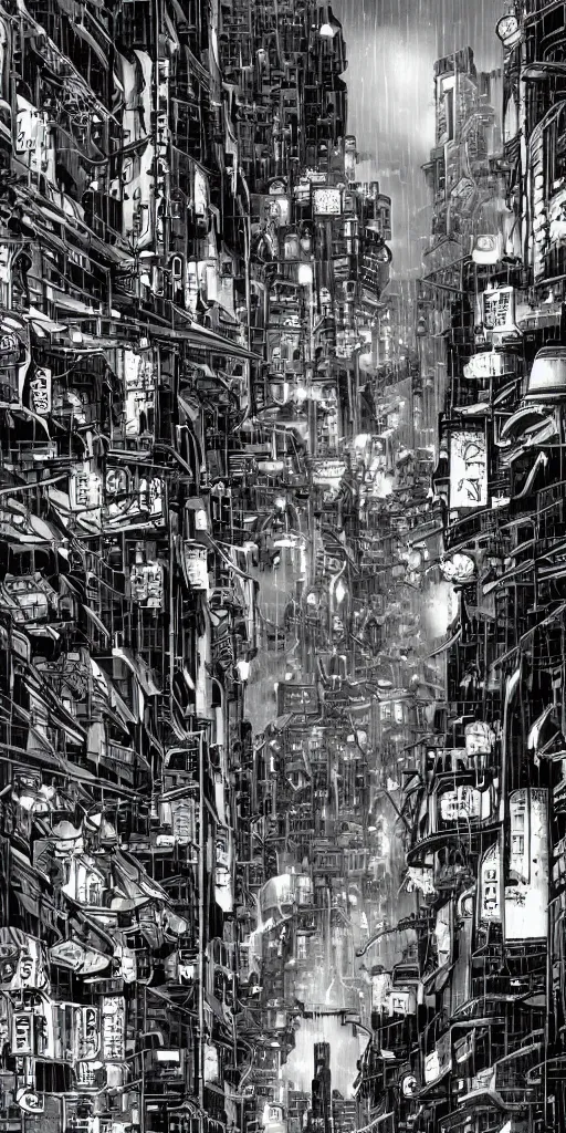 Image similar to manga illustration of poor cyberpunk city, rainy weather, highly detailed