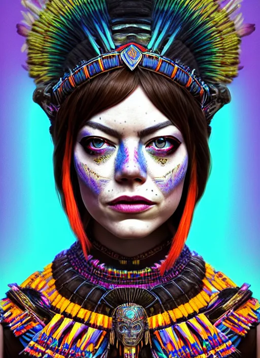 Image similar to portrait of emma stone, hyper detailed ultra sharp aztec shaman warrior. trending on artstation, warpaint aesthetic, bloodwave, colorful, psychedelic, ornate, intricate, digital painting, concept art, smooth, sharp focus, illustration, art by artgerm and greg rutkowski and h. r. giger, 8 k