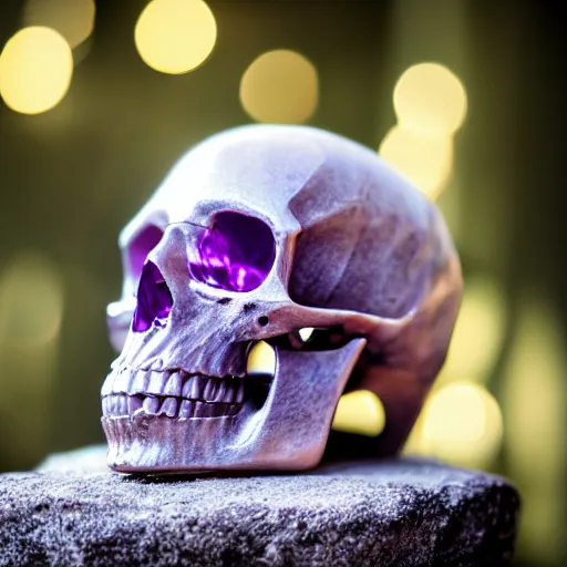 Image similar to high quality photo of crystal amethyst skull, photography 4k, f1.8 anamorphic, bokeh, 4k, Canon, Nikon