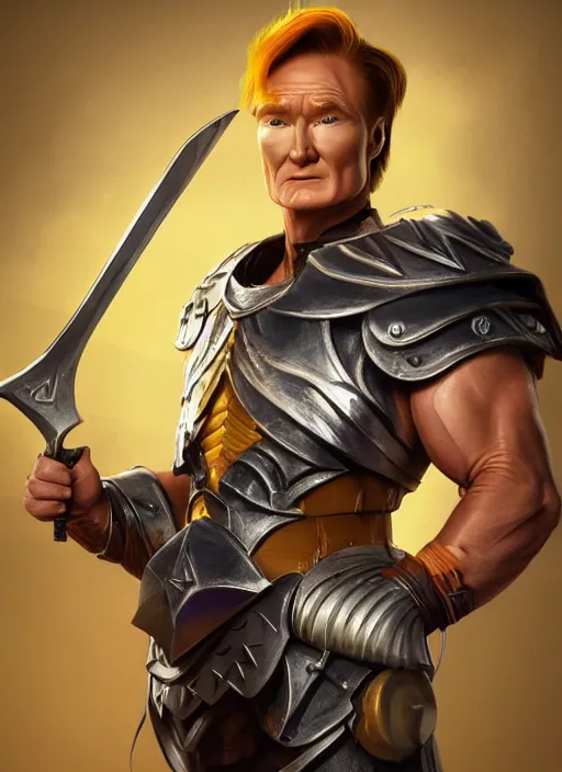 Prompt: profile of conan o'brien as a paladin with short blond hair and big muscles, yellow hair, casting a protection spell, cell shaded, octane, trending on artstation