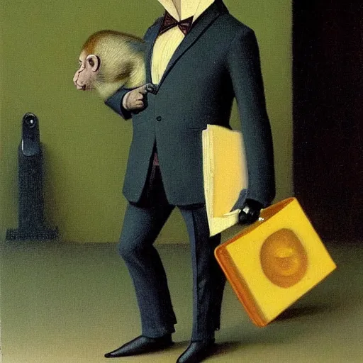 Prompt: a monkey wearing a suit and holding a briefcase on his way to work, painted by michael sowa