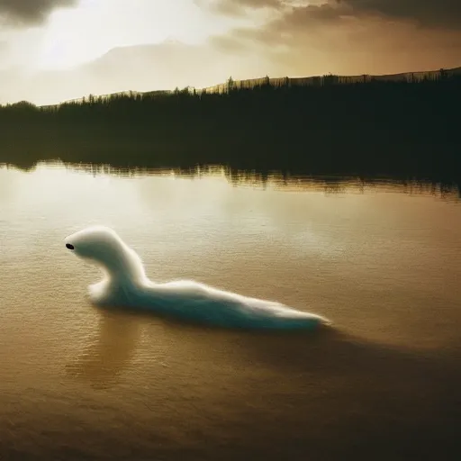 Image similar to photo of a ghost floating over a river, fur, realistic, national geographic