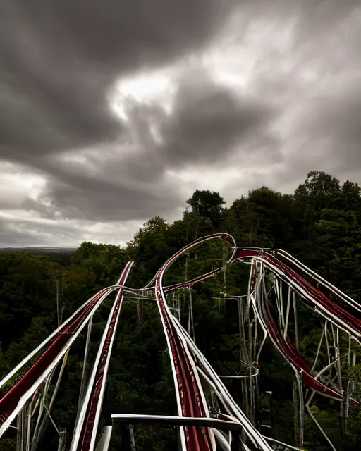 Image similar to a high definition photograph of a roller coaster track that goes out of sight into the dark clouds