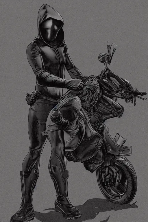 Image similar to full body dark rider with leather hood, posed like frazetta black rider, by moebius and dan mumford, monochrome background