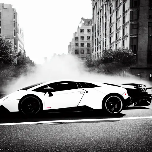 Image similar to black and white press photograph of a man in a suit pushing a lamborghini that is out of gas on a busy city street, sideview, detailed, natural light, mist, film grain, soft vignette, sigma 5 0 mm f / 1. 4 1 / 1 0 sec shutter, imax 7 0 mm footage