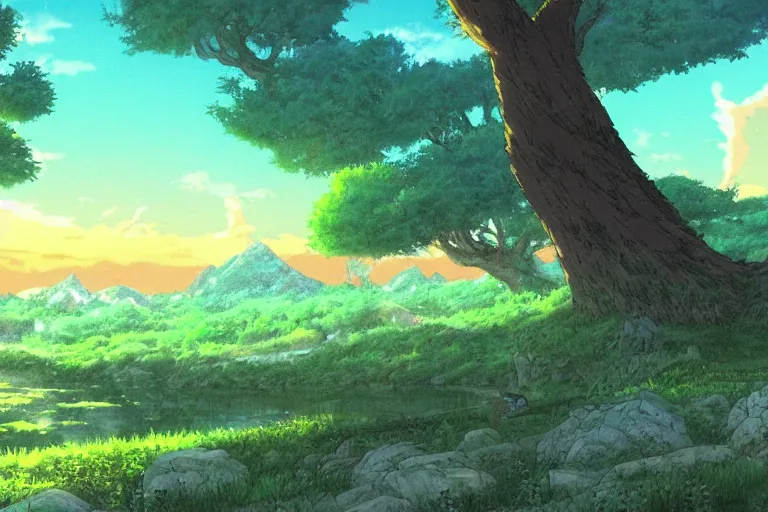 Image similar to anime key frame art of princess mononoke landscape, golden hour, studio ghibli, princess mononoke (1997)