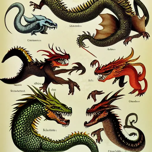 Prompt: field guide for identity diffrent kinds of dragons by john james audubon