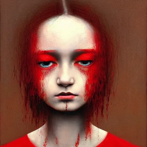 Image similar to (portrait) of pale white young teen girl 16 years old in beautiful red dress, she has (black) short hairs. Painting by Beksinski