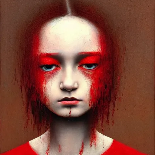 Prompt: (portrait) of pale white young teen girl 16 years old in beautiful red dress, she has (black) short hairs. Painting by Beksinski