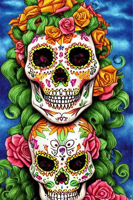 Prompt: Illustration of a sugar skull day of the dead girl, art by michael cheval