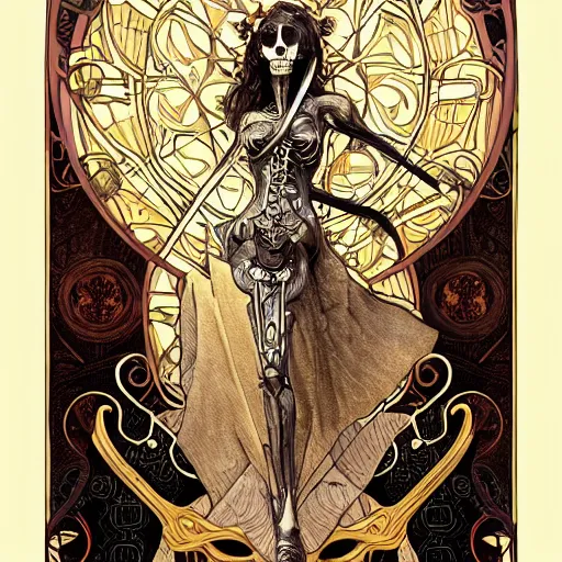 Prompt: skeleton with sickle, highly detailed, very intricate, art nouveau, gold filigree, tarot concept art watercolor illustration by mandy jurgens and alphonse mucha and alena aenami, featured on artstation