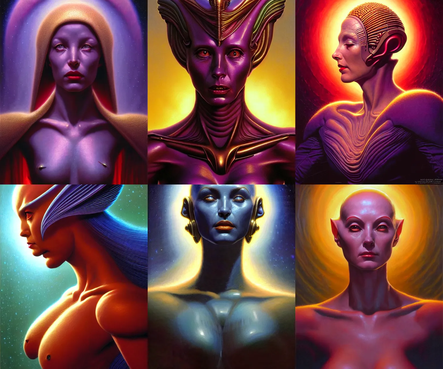 Prompt: cinematic bust portrait of elegant female extraterrestrial queen, head and chest only, exotic alien features, Tim Hildebrandt, Wayne Barlowe, Bruce Pennington, donato giancola, thomas kinkade, oil on canvas, masterpiece, trending on artstation, featured on pixiv, cinematic composition, dramatic pose, beautiful lighting, sharp, details, hyper-detailed, HD, HDR, 4K, 8K