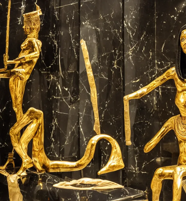 Image similar to a photo at the museum showing a black marble and gold full body sculpture of cleopatra. good quality, good light, anatomically correct, 8 k