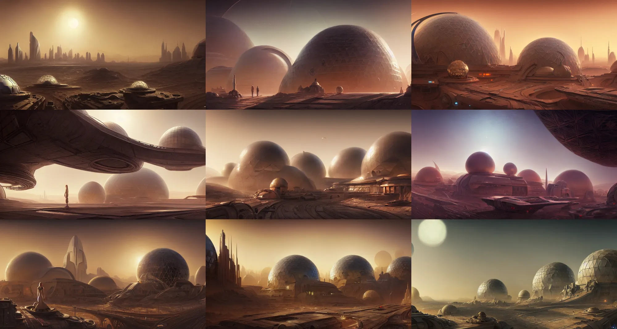 Prompt: cinematic shot, futuristic city on mars, geodesic domes, digital painting, artstation, concept art, soft light, hdri, smooth, sharp focus, illustration, intricate, elegant, highly detailed, in the style of greg rutkowski and alphonse mucha and artemisia, 8 k, highly detailed, jurgens, rutkowski