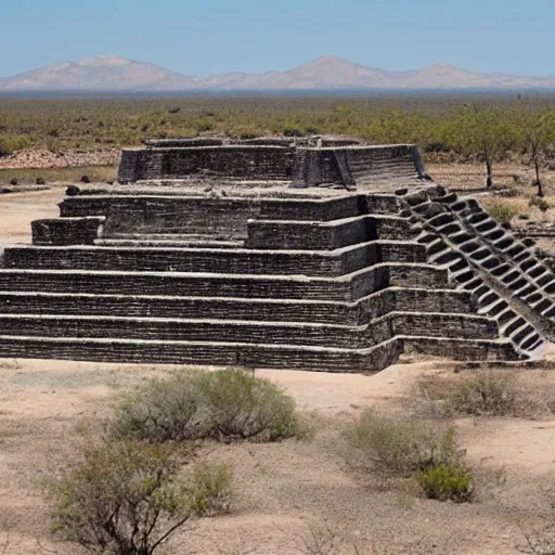 Image similar to ruins of a mesoamerican aztec city in a desert, diamond structures and floating ruins