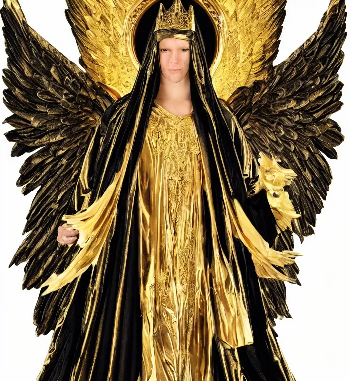 Image similar to full length picture of the angel of death wearing black robes with gold wings in an elaborate cathedral, high octane, 8k, ultra detailed, photorealistic