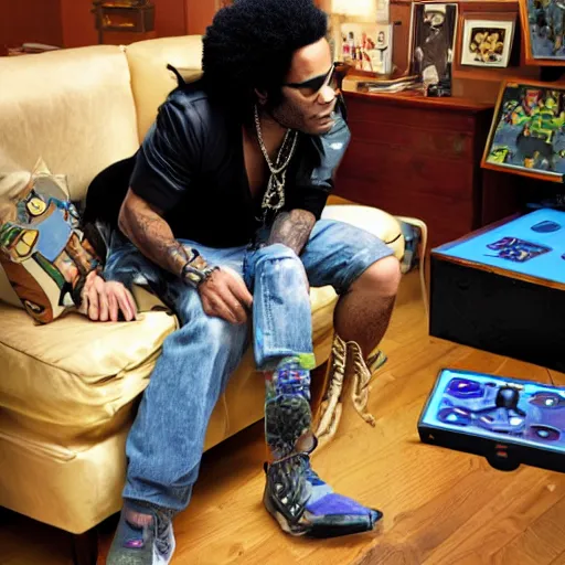 Prompt: lenny kravitz playing smash brothers on the gamecube, digital photography,