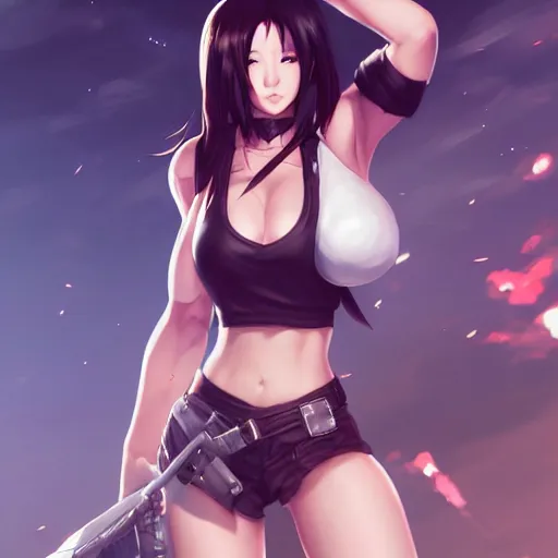 Image similar to full body shot of tifa lockhart by WLOP, rossdraws, Logan Cure, Mingchen Shen, BangkuART, sakimichan, yan gisuka, JeonSeok Lee, zeronis, Chengwei Pan on artstation