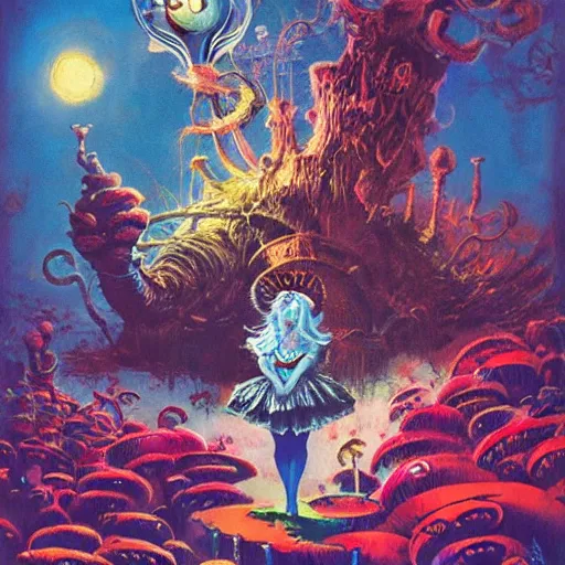 Image similar to alice in wonderland, by basil gogos and phillipe druillet and paul lehr, trending on artstation hq, deviantart, pinterest, 4 k uhd image