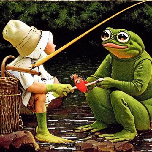 Prompt: pepe the frog fishing by norman rockwell