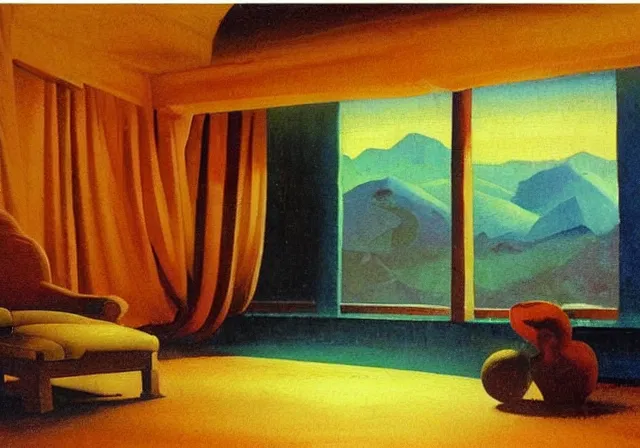 Image similar to a detailed oil painting of a large ball room, pillar, ominous,, curtains, by nicholas roerich, by frank frazetta, by hans emmenegger, by bruce pennington, by eyvind earle, moisture, grainy, highly detailed, realistic, outline, line,