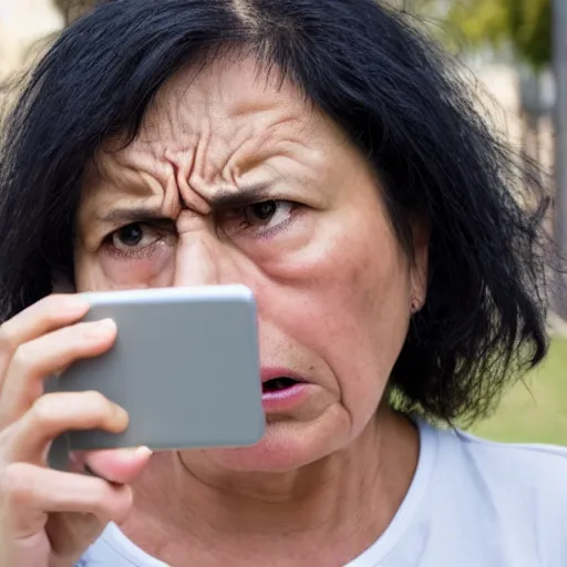 Prompt: astonished and angry middle aged lady looking at smartphone, unsure expression, greek ethnicity, thin face structure, uncombed straight grey black hair, angry eyes, photo, realistic, outdoor lighting, 4 k, 8 k, hd, 3 9 mm lens