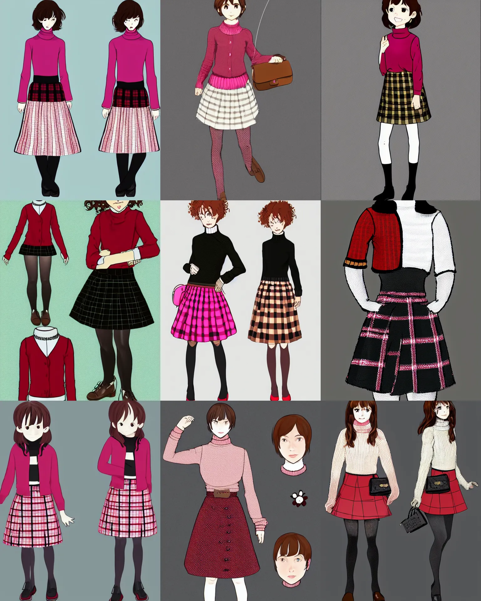 Prompt: haru has chin - length curly light auburn hair and brown eyes. she wears a pink turtleneck cardigan with short puffed sleeves and a long - sleeved white shirt underneath. she wears the standard black and red tartan skirt, white tights with a black flower pattern and black mary jane shoes. character concept art, digital art