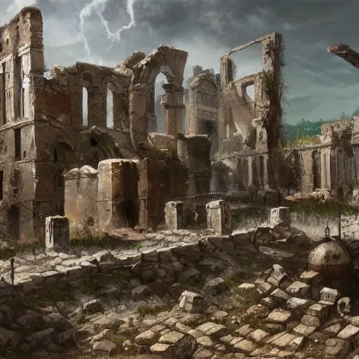 Prompt: High-Quality realist painting of the ruins of a medieval city after a war, ominous, very detailed, digital art.