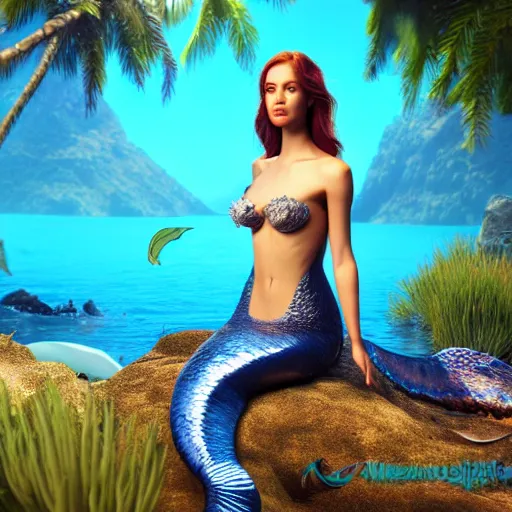 Image similar to mermaid on an island, highly detailed, photorealistic portrait, bright studio setting, studio lighting, crisp quality and light reflections, unreal engine 5 quality render