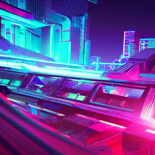 Image similar to synthwave neon city in space, cinematic, highly detailed, photograph, scifi, micro detail, octane render, physically based rendering, insane details, photorealism, fantasy, 8 k, cgsociety