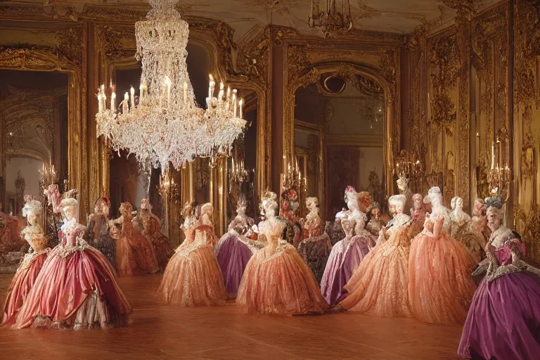 Image similar to in the versailles hall of mirrors, queen marie - antoinette dances in the foreground with her ladies - in - waiting at a masked ball. all high ladies are dressed in colourful, opulent robes embroidered with glittering sequins. the hall of mirrors features ornate crystal chandeliers with glowing candles and golden ornaments. photorealism red velvet curtains on the windows with night lights outside