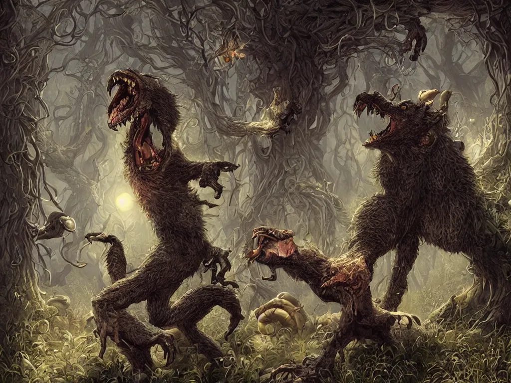 Prompt: Drunk mad mushroom-werewolf. Photorealistic, lifelike, Unreal Engine, sharp, detailed, 8K, by Gerald Brom, Dan Mumford, Stephan Martiniere