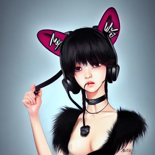 Image similar to realistic beautiful gorgeous natural cute Blackpink Lalisa Manoban black hair cute fur black cat ears, wearing white camisole, headphones, black leather choker artwork drawn full HD 4K highest quality in artstyle by professional artists WLOP, Taejune Kim, Guweiz on Artstation Pixiv