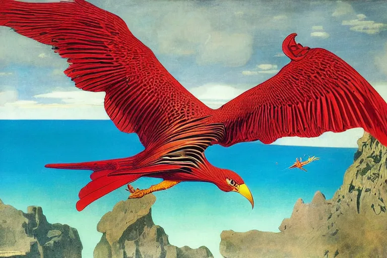 Image similar to colourful bird of prey flying over a tropical island, fluid, smooth, bright, colours, high contrast, sharpness, very detailed, intricate, by dali, magritte, edvard munch, da vinci, donato giancola, richard corben, zdzisław beksinski, moebius, francis bacon, studio ghibli, mucha and studio disney