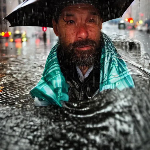 Prompt: closeup portrait of a man fishing in a rainy new york street, photography, detailed face, natural light, ƒ1.8, 35mm