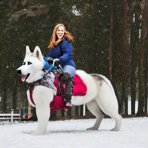 Image similar to girl riding a giant husky in a snowy park