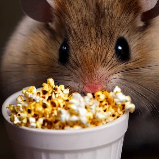 Prompt: photo of a hamster eating popcorn from a bucket of popcorn, various poses, unedited, soft light, sharp focus, 8 k