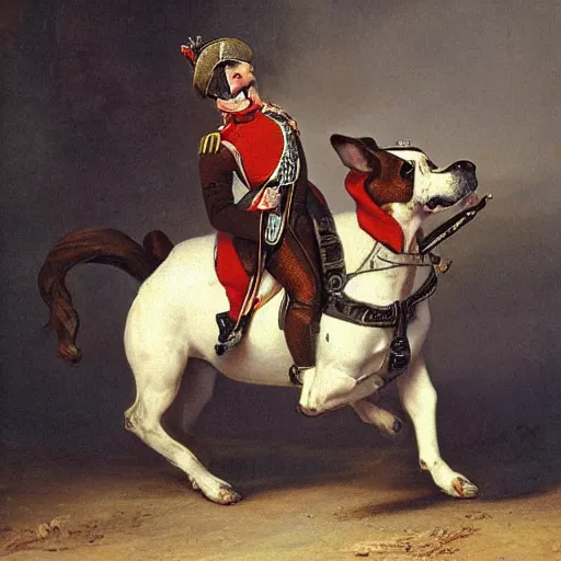 Image similar to french bulldog riding horse in battle like napoleon, painted by saint - bernard