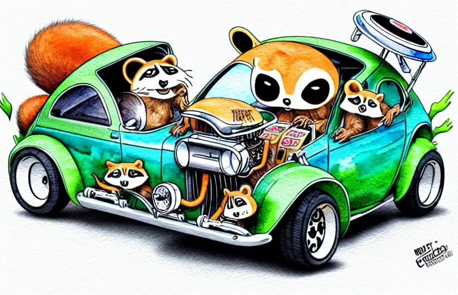 Image similar to cute and funny, racoon riding in a tiny hot rod coupe with oversized engine, ratfink style by ed roth, centered award winning watercolor pen illustration, isometric illustration by chihiro iwasaki, edited by range murata