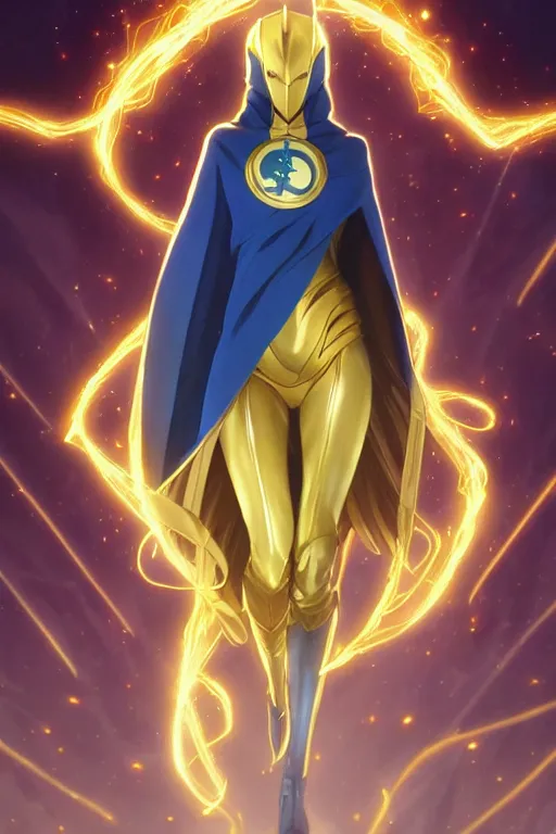 Image similar to anime key visual of a beautiful young female doctor fate!! intricate, gold and blue suit, cape, glowing, powers, dc comics, cinematic, stunning, highly detailed, digital painting, artstation, smooth, hard focus, illustration, art by artgerm and greg rutkowski and alphonse mucha