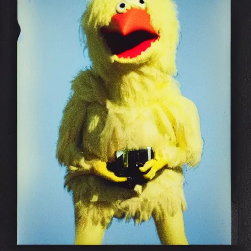 Image similar to horrifying corrupted rotten Big Bird captured on polaroid