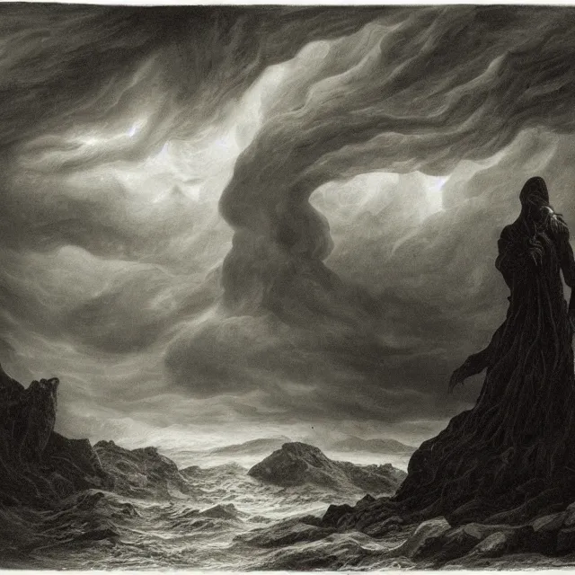 Image similar to an engraving portrait of cthulhu, caspar david friedrich, foggy, depth, strong shadows, stormclouds, illuminated focal point, highly detailed