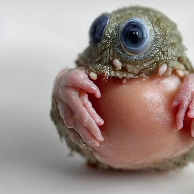 Image similar to a very cute tiny baby tardigrade with huge eyes emerging from a chicken - egg as he breaks through the shell and peaks out for the first time, awww it's a perfect baby tardigrade, how cute?